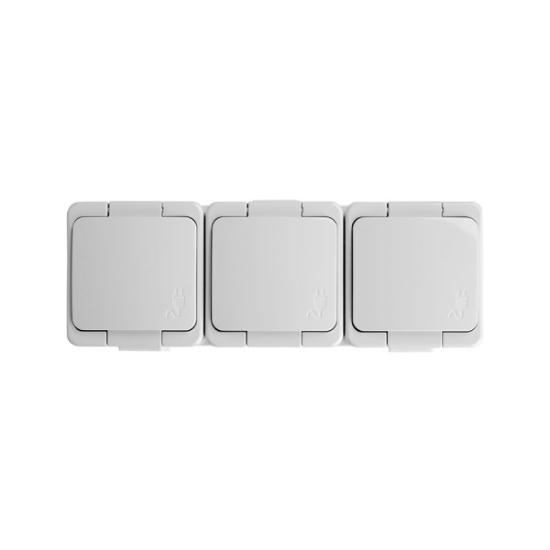 Prekės „Trigubas, vandeniui atsparus lizdas su dangteliu, , s/m, 3p+Z, 16A, 250V, SCHUKO IP44“ paveikslėlis