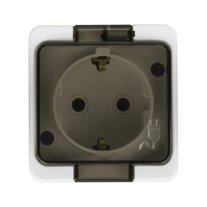 Prekės „Viengubas, vandeniui atsparus lizdas su dangteliu, s/m, 2p+Z, 16A, 250V, SCHUKO IP44“ paveikslėlis