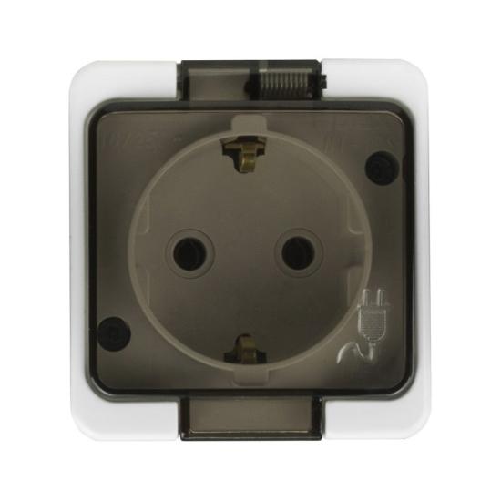 Prekės „Viengubas, vandeniui atsparus lizdas su dangteliu, s/m, 2p+Z, 16A, 250V, SCHUKO IP44“ paveikslėlis