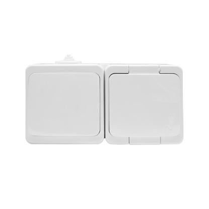 Prekės „Viengubas, vandeniui atsparus lizdas su dangteliu, , s/m, 2p+z, 16A, 250V SCHUKO IP44 + Vieno poliaus jungiklis, s/m, 10A, 250V IP44“ paveikslėlis