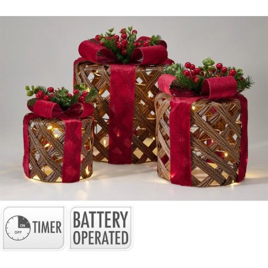 Prekės „Apvalių dovanų dėžučių rinkinys, 10 LED, 3 vnt., ø 15cm, šiltai balta, su laikmačiu“ paveikslėlis