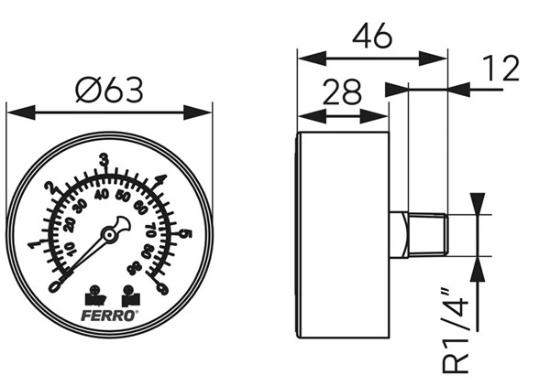 Prekės „Ašinis manometras FERRO, 0-6 bar, 63 mm, 1/4", M6306A“ paveikslėlis