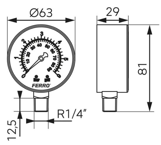 Prekės „Radialinis manometras FERRO, 0-6 bar, 63 mm, 1/4", M6306R“ paveikslėlis