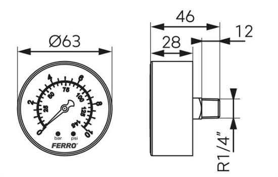 Prekės „Ašinis manometras FERRO, 10 barų, 63 mm, 1/4", M6310A“ paveikslėlis