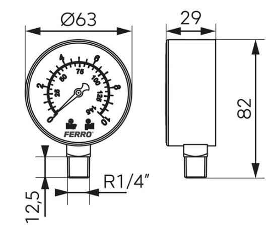 Prekės „Radialinis manometras FERRO, 10 barų, 63 mm, 1/4", M6310R“ paveikslėlis