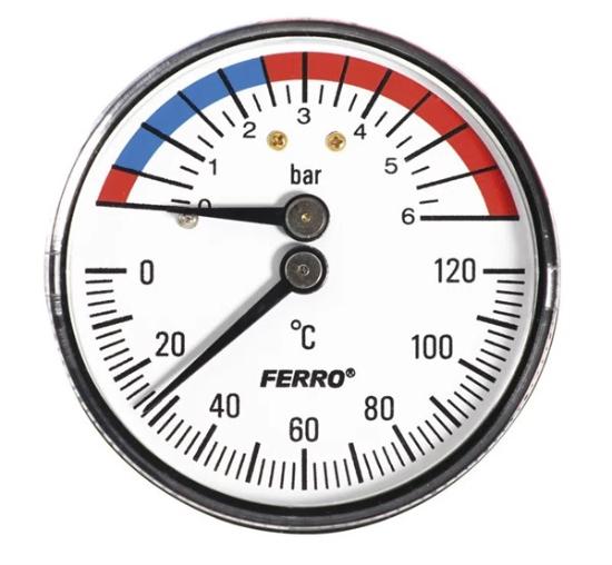 Prekės „TM63A ašinis galinio pajungimo termomanometras 1/2" 63mm 120C° 0-6 bar FERRO“ paveikslėlis