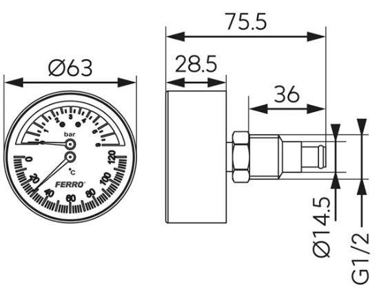 Prekės „TM63A ašinis galinio pajungimo termomanometras 1/2" 63mm 120C° 0-6 bar FERRO“ paveikslėlis