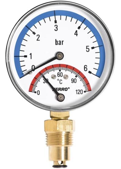 Prekės „TM80R radialinis, apatinio pajungimo termomanometras. 1/2" 80mm 120C° 0-6 bar FERRO“ paveikslėlis