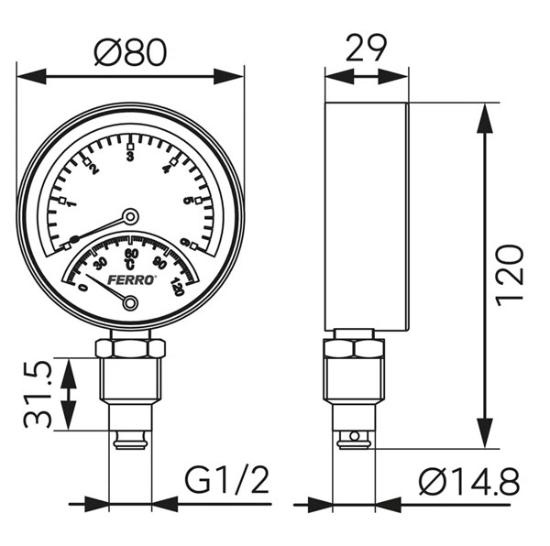 Prekės „TM80R radialinis, apatinio pajungimo termomanometras. 1/2" 80mm 120C° 0-6 bar FERRO“ paveikslėlis