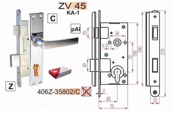 Prekės „Spyna durų įleidžiama 72/45 mm chromo su rankena be cilindro ZV45 406Z-35802/C“ paveikslėlis