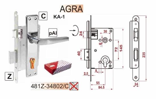 Prekės „Spyna durų įleidžiama su rankena AGRA ZV45 481Z-34802/C, 72/55 mm“ paveikslėlis
