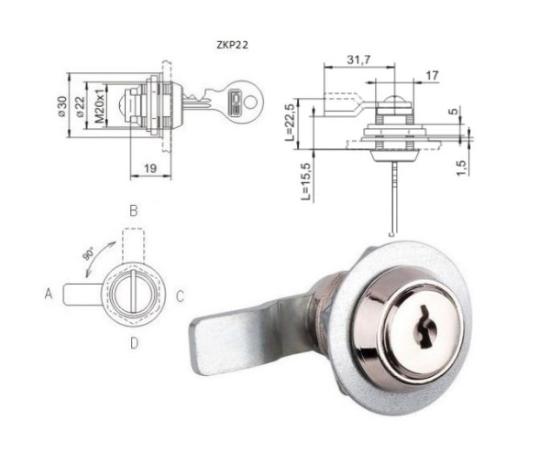 Prekės „Spynelė baldinė 22,5 /15,5 mm Ø 20 mm ZKP-22-A1 LOB“ paveikslėlis