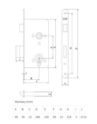 Prekės „Spyna durų įleidžiama 90/50 mm be rankenų ir be cilindro Z95B-DZ-01 Zn Lob“ paveikslėlis